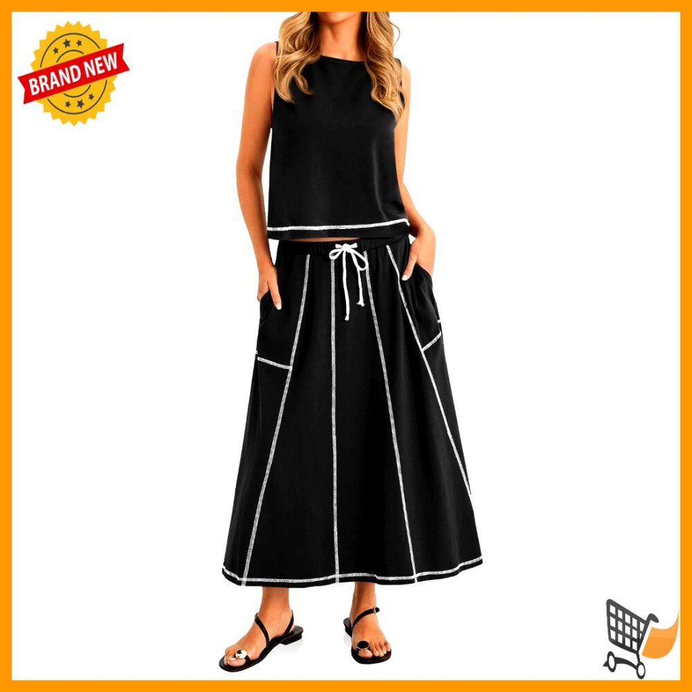 Cropped Tank Top Maxi Skirt Set Lounge Wear Drawstring High Waisted Matching